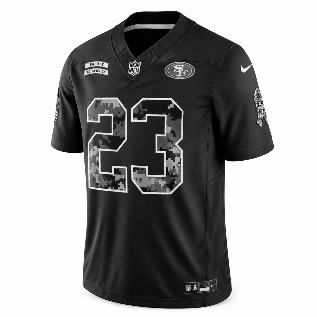 Men’s Christian McCaffrey #23 San Francisco 49ers 2026 Salute to Service Stitched Limited Jersey – Black