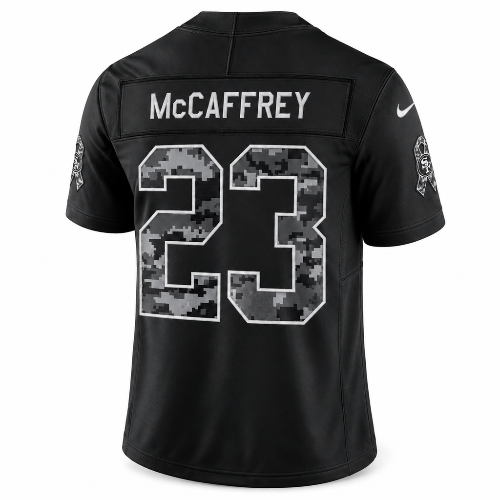 Men’s Christian McCaffrey #23 San Francisco 49ers 2026 Salute to Service Stitched Limited Jersey – Black