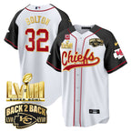 KC Super Bowl LVIII & Back 2 Back Gold Patch Baseball Jersey - All Stitched