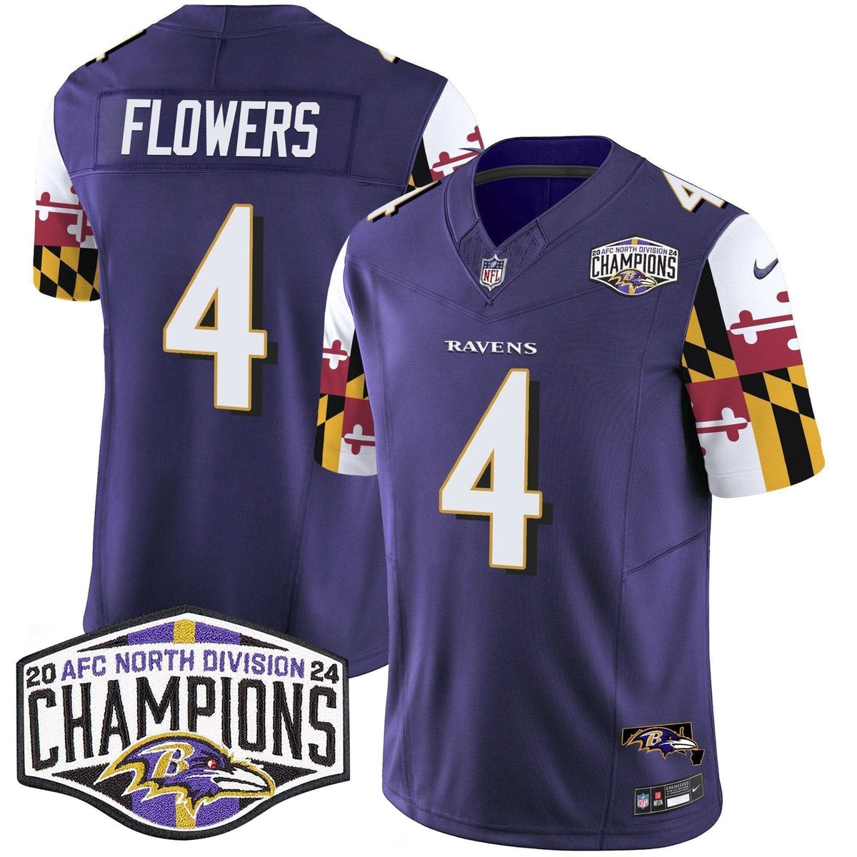 Ravens Maryland Flag 2024 AFC North Division Champions Patch Vapor Limited Jersey - All Stitched